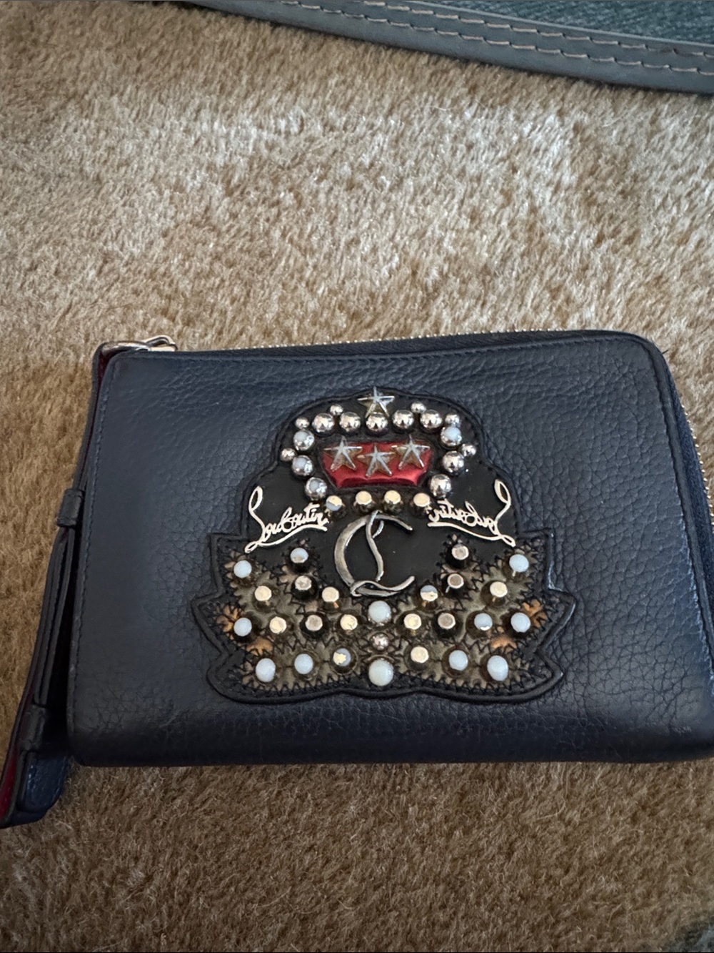 Christian Louboutin Loubi Queen Navy Blue Leather Zip Around Wallet Travel Org